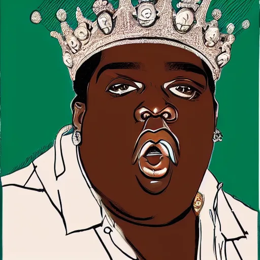 Prompt: a single biggie smalls, notorius B.I.G, wearing a crown, portrait, medium shot, symmetrical face and body, single face, single nose, single mouth, accurate, hyperdetailed, intricate detail, insanely detailed and intricate, in the style of Henri Matisse, edge to edge, solid color background intricate, highly detailed, smooth, sharp focus, detailed face and body, high contrast