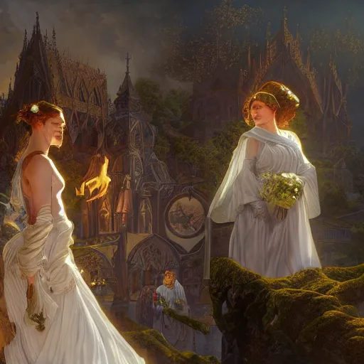 Image similar to a beautiful and detailed matte painting of a lesbian wedding between evil pyromancer and a red mage, unholy union, white church background, god rays, sharp focus, highly detailed, cinematic lighting, 8 k, smooth render, vector illustration, award winning, by adolf hiremy - hirschl and greg rutkowski and alphonse mucha