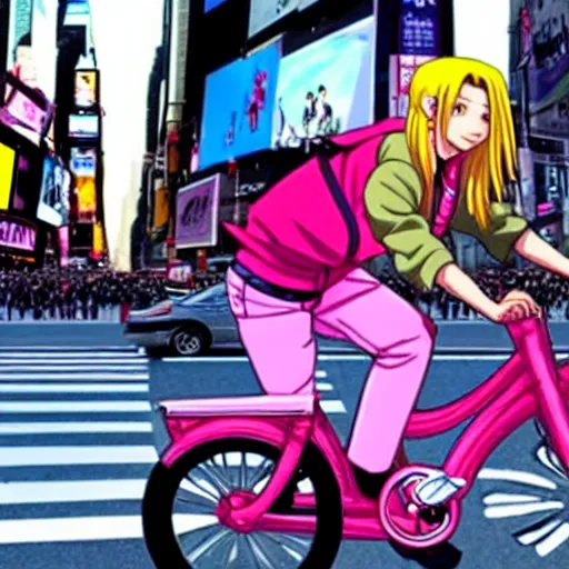 Image similar to Photo of Sakura Haruno riding a bike in the Times Square