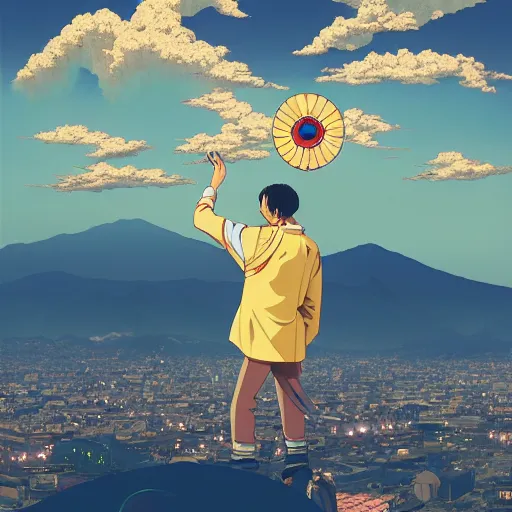 Image similar to a man walking on clouds away from the camera above kyoto by takashi murakami, beeple and james jean, aya takano color style, 4 k, super detailed, modern, 4 k, symmetrical