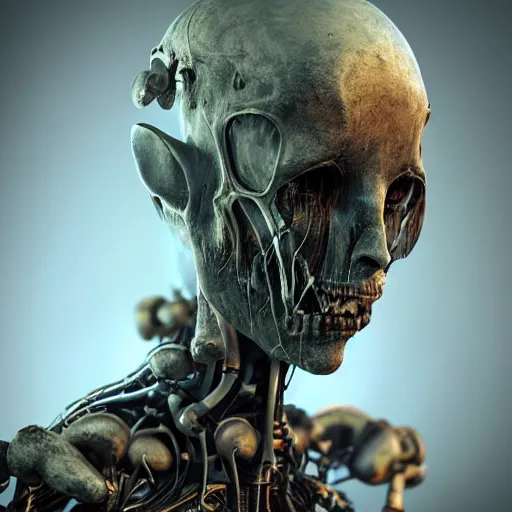 Image similar to machine elfs, abstract, decay, giger textures, ghostly figure, morphing skulls, bone and teeth with cosmic circuitry and futuristic technology rearranging body form, abstract, voodoo, ultra realistic, hyper realism, 1 2 k, epic, octane render, unreal engine, vfx, maya, alex grey