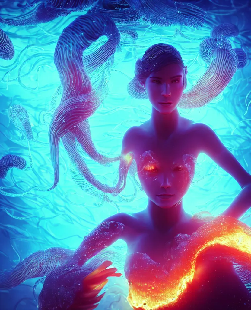 Image similar to close-up portrait of a beautiful girl floating in ethereum surrounded by floating jellyfish, energy flows of fire and water, flashes of plasma, 3d with depth of field, blurred background, a highly detailed epic cinematic concept art CG render. made in Maya, Blender and Photoshop, octane render, excellent composition, cinematic dystopian brutalist atmosphere, dynamic dramatic cinematic lighting, aesthetic, very inspirational, arthouse. y Greg Rutkowski, Ilya Kuvshinov, WLOP, Stanley Artgerm Lau, Ruan Jia and Fenghua Zhong