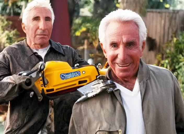 Image similar to film still of Leslie Neilsen with a chainsaw in the new Weekend at Bernies movie, 8k