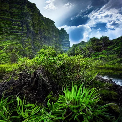 Image similar to beautiful photograph of a lush natural scene on an alien planet featured in sony world photography awards 2 0 3 0. 4 k, high definition. extremely detailed. beautiful landscape. weird vegetation. cliffs and water.