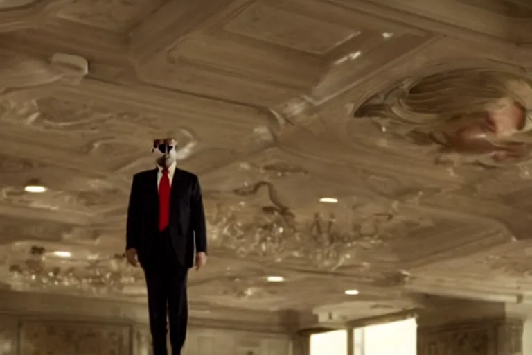 Image similar to movie still of donald trump in mission impossible ceiling, cinematic lighting