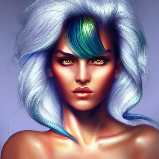 Prompt: electric woman, cute - fine - face, pretty face, oil slick hair, realistic shaded perfect face, extremely fine details, realistic shaded lighting, dynamic background, magali villeneuve, artgerm