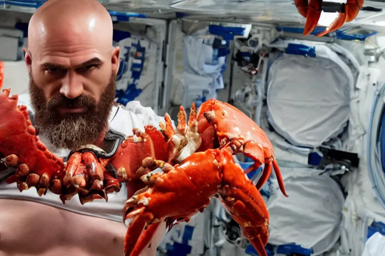 Prompt: kratos from the god of war videogame eating a whole lobster in the international space station