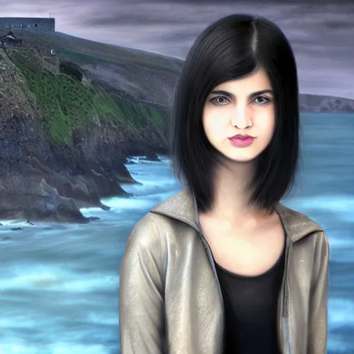 Prompt: 1 7 - year - old pale - skinned persian girl with black long bob cut, black gothic jacket, blue jeans, psychic girl, psychokinetic girl, standing on cliff along the irish coast, overcast gray skies, ultra - realistic, sharp details, subsurface scattering, intricate details, cold lighting, highly detailed, photorealistic, octane render, art by artgerm