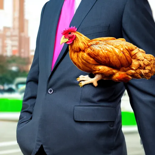 Image similar to a high quality photo of an antropomorphic chicken wearing a suit, 8k, digital art