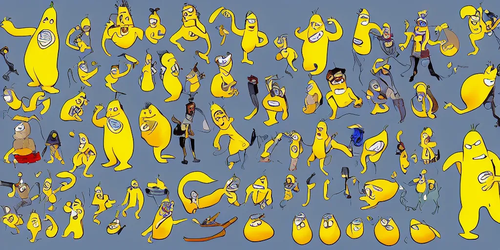 Prompt: character design sheet of the bananana man