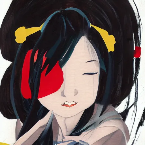 Prompt: an epic painting of Japanese schoolgirl, clothed, mixed media