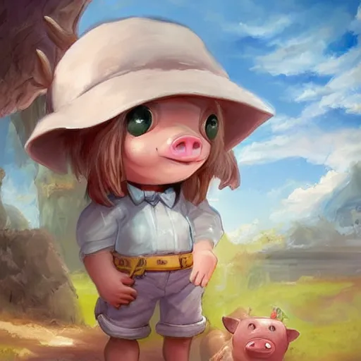 Image similar to cute little anthropomorphic funny female pig wearing shorts, a sunhat, boots and a pale blue shirt!! tiny!! fully clothed!!! small, short, cute and adorable, character art portrait, matte fantasy painting, deviantart artstation, by jason felix by steve argyle by tyler jacobson by peter mohrbacher, cinema