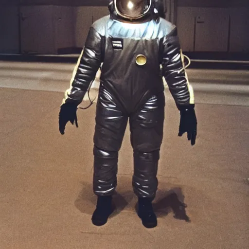 Prompt: A photo of 1980s VR spacesuit designed by US Army, scary athmosphere, dark, single vague light, Polaroid photo found in the attic