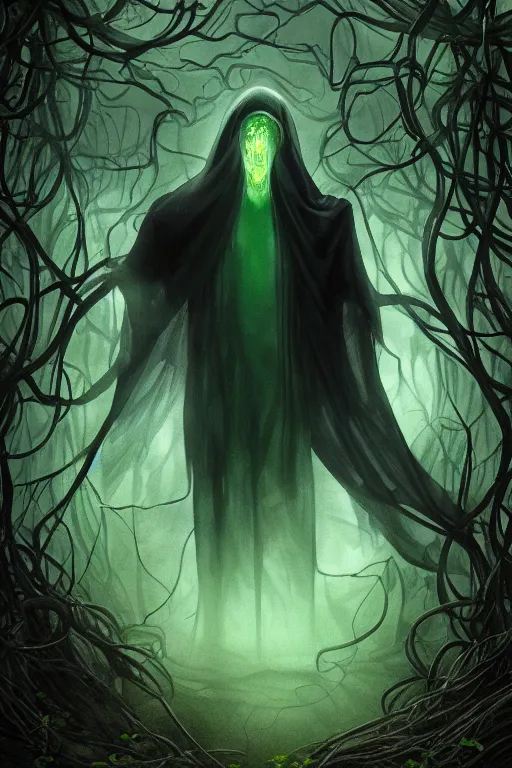 Image similar to A full body portrait of a ghost like character with no face, glowing eyes and a very long hooded dark green cloak of leaves and vines, forest spirits flying in the background art by Shaddy Safadi and Jason Chan, ominous, cosmic horror, trending on artstation, Ultra detailed, hyper realistic 4k