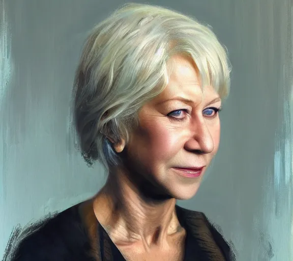Image similar to a hyper-detailed portrait of Helen Mirren by Craig Mullins; oil on canvas; trending on artstation; 90mm; f/1.4