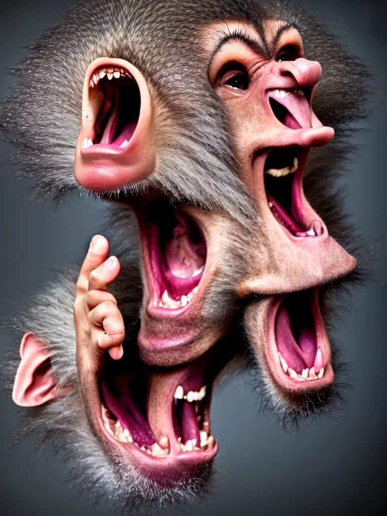 Image similar to a formal portrait photograph of a screaming man transforming into a hairless baboon