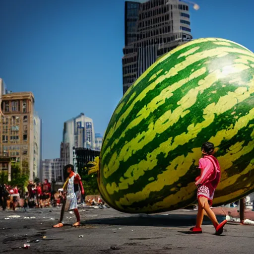 Prompt: Eventually, the giant watermelon made its way to a major city. It was destroying everything it came across, and the city was in chaos. Cinematic