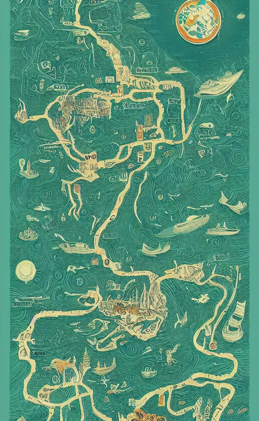 Image similar to a poster with a map on it, poster art by victo ngai, behance contest winner, environmental art, lovecraftian, intricate, infographic, marginalia, unreal engine