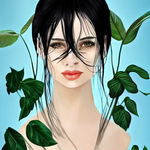 Image similar to pretty woman with pale skin, long black hair in a room full of beautiful plants, abstract, beautiful digital art trending on artstation