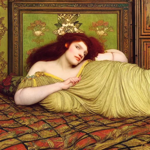 Image similar to preraphaelite photography reclining on bed, a hybrid of judy garland and nicole richie, aged 2 5, big brown fringe, wide shot, yellow ochre ornate medieval dress, john william waterhouse, kilian eng, rosetti, john everett millais, william holman hunt, william morris, 4 k