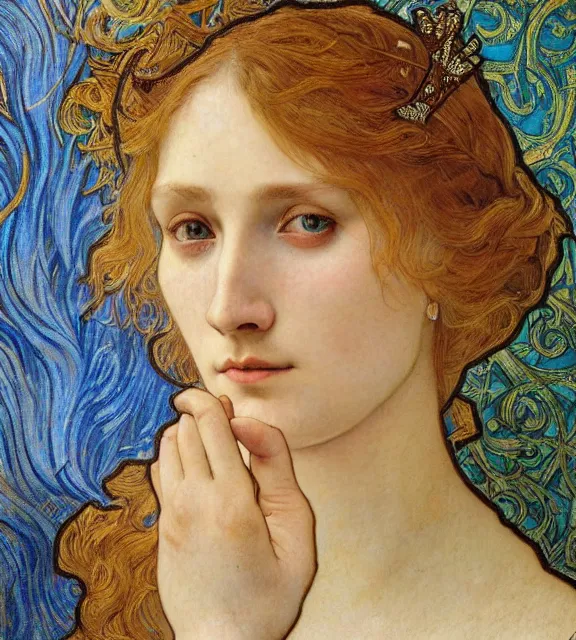 Image similar to detailed realistic beautiful young medieval queen face portrait by jean delville, alphonse mucha, vincent van gogh, and marco mazzoni, art nouveau, symbolist, visionary, gothic, pre - raphaelite