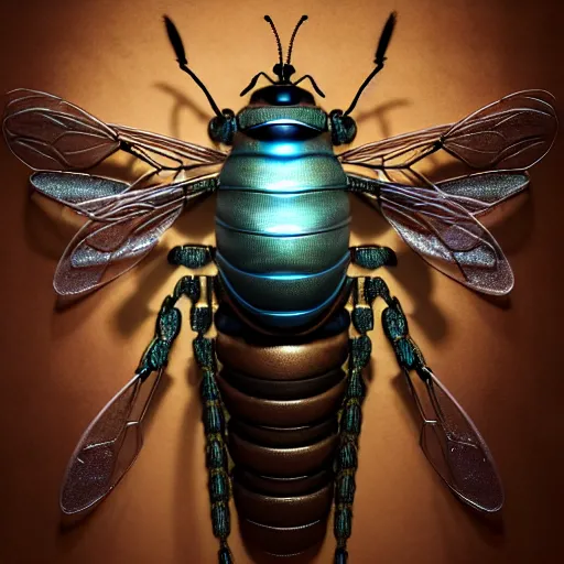 Image similar to A photorealistic 3d render of a robot Bee made of circuits wide view shot by ellen jewett , tomasz alen kopera and Justin Gerard symmetrical features, ominous, magical realism, texture, intricate, ornate, royally decorated, android format, windows, many doors, roofs, complete house , whirling smoke, embers, red adornments, red torn fabric, radiant colors, fantasy, trending on artstation, volumetric lighting, micro details, 3d sculpture, ray tracing, 8k