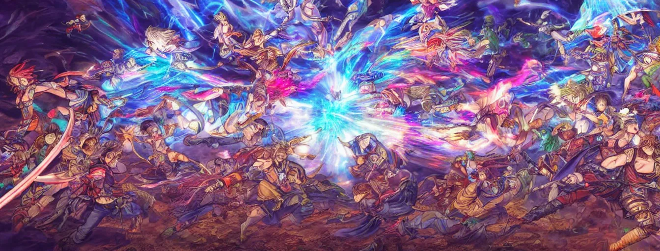 Prompt: rainbow souls fighting on a battlefield with spirit power flying around. hyperrealistic anime background illustration by kim jung gi, colorful, extremely detailed intricate linework, smooth, super sharp focus, bright colors, high contrast, matte, octopath traveler, unreal engine 5 highly rendered, global illumination, radiant light