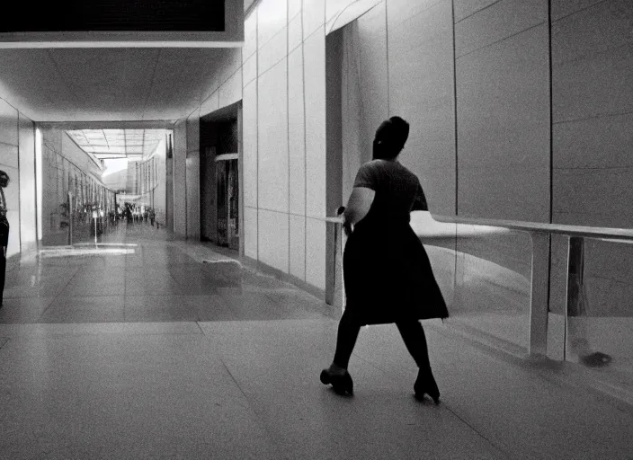 Prompt: cinematic shot of octavia spencer being chased down an escalator by walter white in a strange defunct abandoned mall, iconic scene from the paranoid thriller sci fi film directed by stanley kubrick, 2 4 mm anamorphic lens, backlit, moody strange cinematography, beautiful composition, color theory, leading lines, photorealistic, highly detailed scene moody lighting