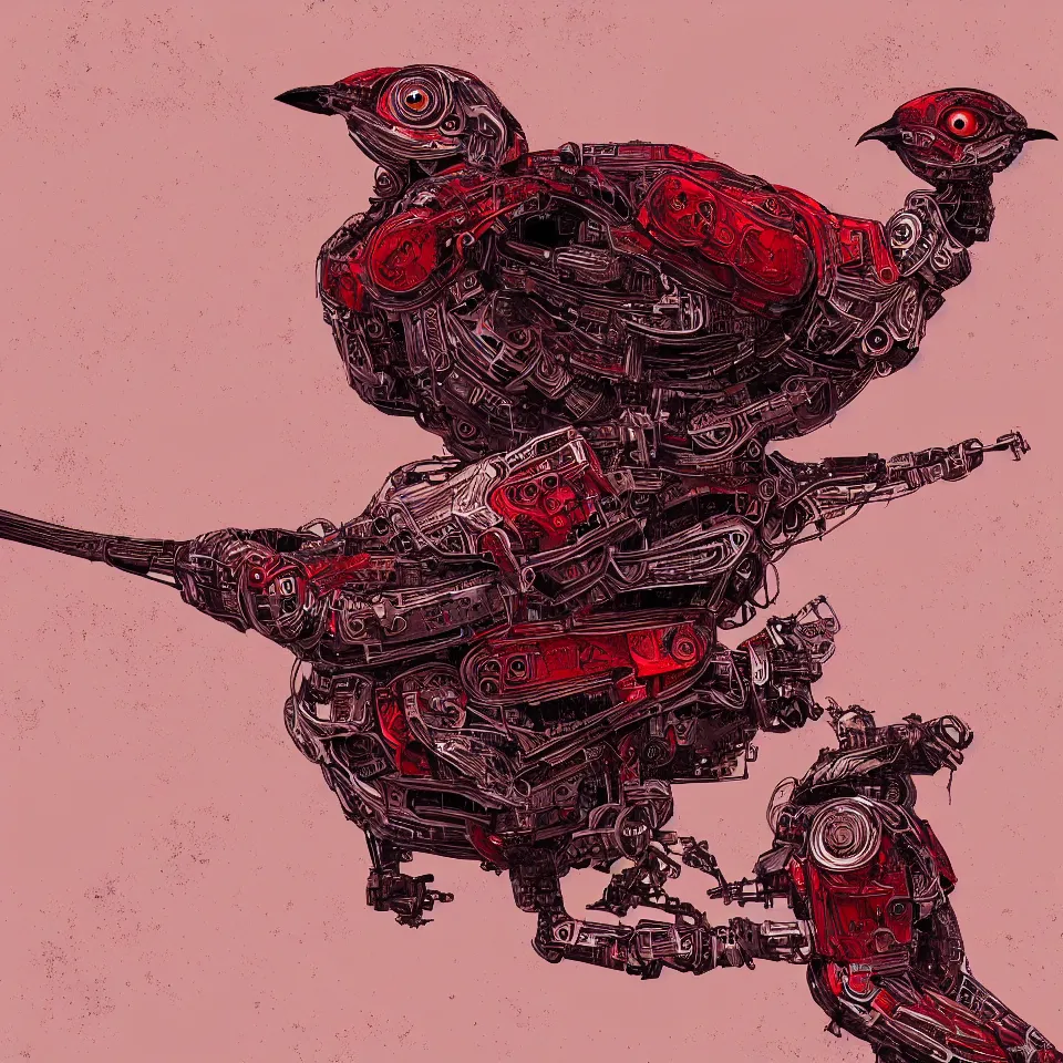 Image similar to beautiful artistic album cover highly detailed robotic bird, with head phones, digital painting, digital art, beautiful, cinematic, 4 k, ultra hd, art by frank miller, dynamic lighting, gradient dark red, cream and white color scheme, grunge aesthetic