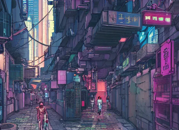 Prompt: a cyberpunk hong kong alley with robots and humans walking around by moebius, pixar color palette, clear details