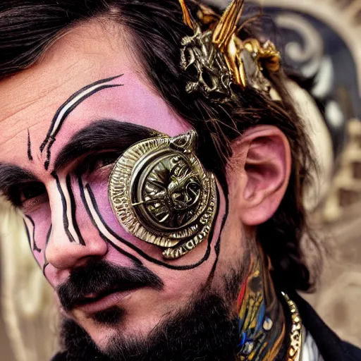 Prompt: an award finning closeup facial portrait by akseli kallen gallela luis royyo and john howe of a bohemian male cyberpunk traveller clothed in excessivelyg fashionable 8 0 s haute couture fashion and wearing ornate art nouveau body paint