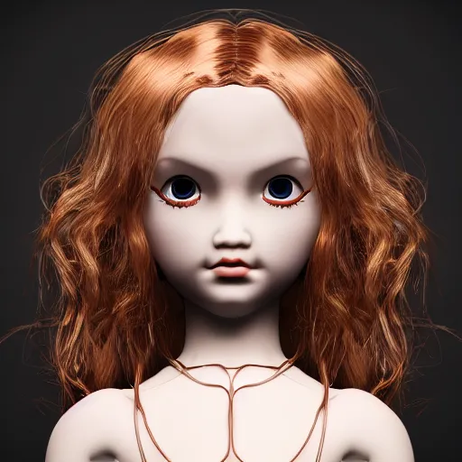 Image similar to beautiful ball jointed doll head, long shiny hair, intricate detailed, sharp focus, octane render, high quality, Symmetrical composition, 8k, volumetric lighting, on black background