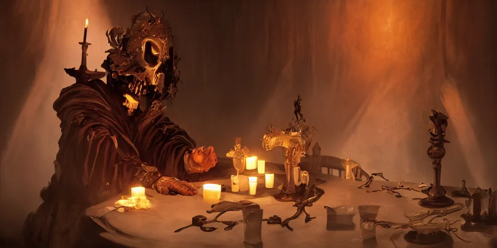 Prompt: Death lighting a candle on the table, on the table a theater mask, flute and a film reel, Death is wearing white robe, vivid colors, dark shadows, contrast, concept art, sharp focus, digital art, Hyper-realistic, 4K, Unreal Engine, Artstation, Highly Detailed, Dramatic Lighting, Beautiful, by Frank Frazetta