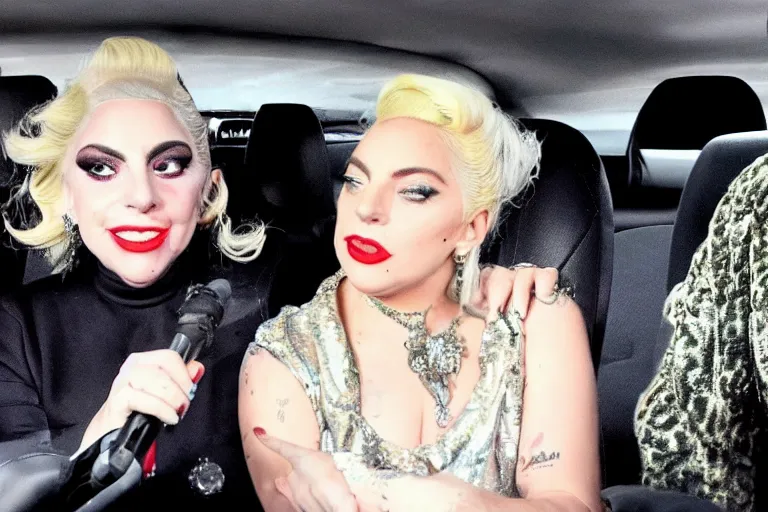 Image similar to lady gaga and judy garland carpool karaoke, highly realistic, highly detailed, high resolution, 8 k 4 k,