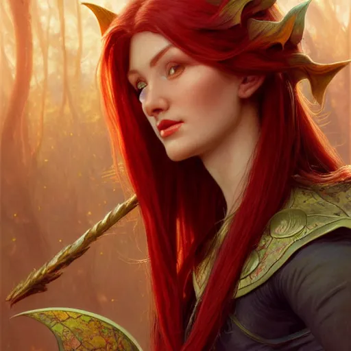 Prompt: highly detailed closeup portrait of beautiful elf woman with red hair, very detailed, realistic, card, by Stanley Artgerm Lau, greg rutkowski, thomas kindkade, alphonse mucha, loish, norman rockwell J.