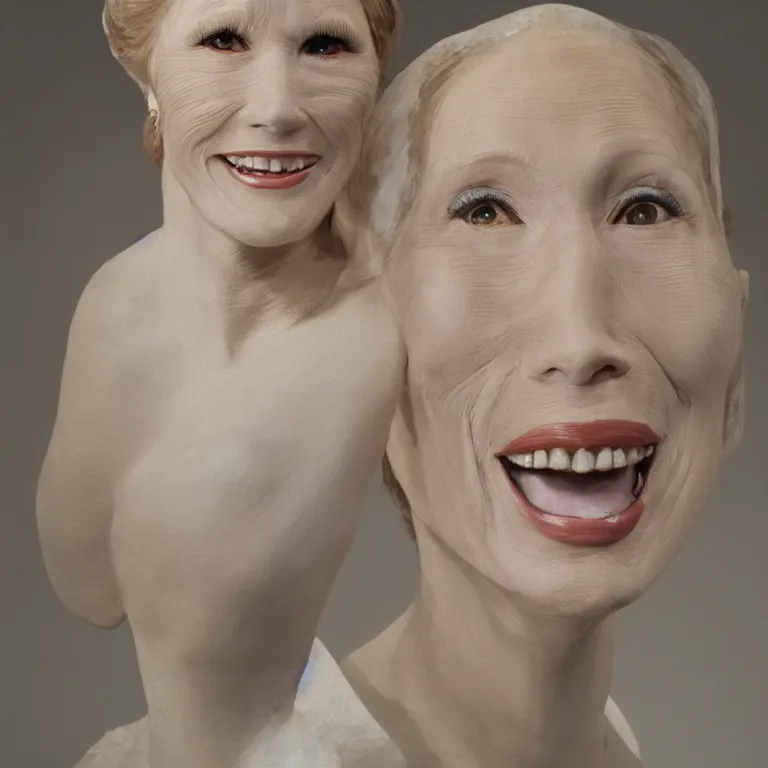 Image similar to beautiful studio photograph of colorful postmodern portrait sculpture of mary tyler moore smiling, beautiful symmetrical face accurate face detailed face realistic proportions, made of watercolor - painted plaster on a pedestal by ron mueck and matthew barney and greg rutkowski, hysterical realism intense cinematic lighting shocking detail 8 k