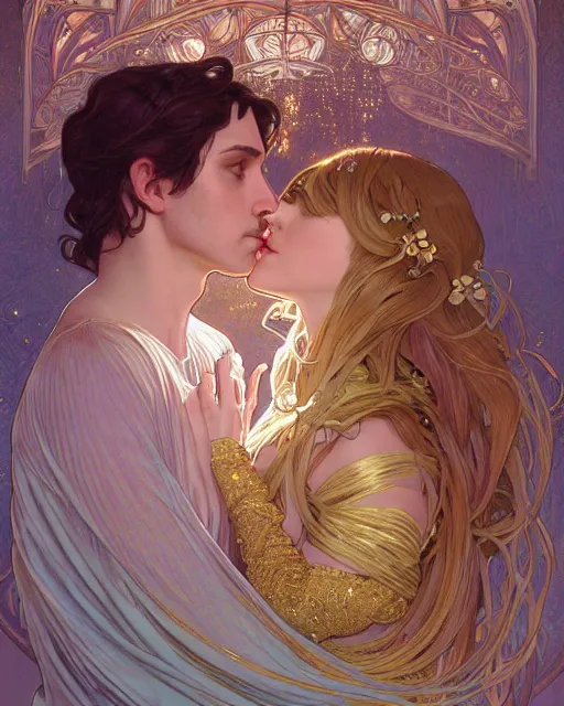Prompt: the kiss | highly detailed | high coherence | very intricate | art nouveau | gold filigree | romantic storybook fantasy | soft cinematic lighting | award - winning | painted by mandy jurgens and alphonse mucha and alena aenami | pastel color palette | featured on artstation