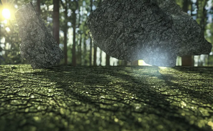 Image similar to a 3d render of shining pieces in in the forest as the sun rises, macro shot, 21:9, cinema 4d, hyperrealistic