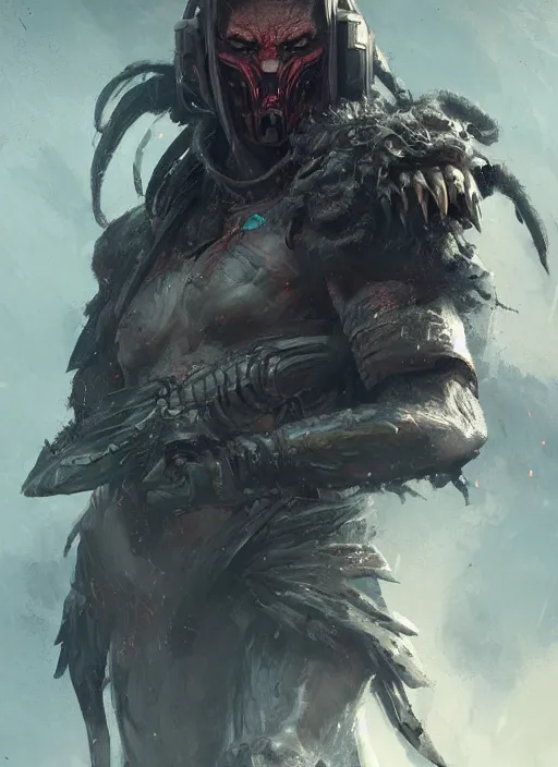 Prompt: A full portrait of a predator warrior, by dreadjim, Greg Rutkowski, , epic scifi character art, Exquisite detail, post-processing, low angle view, masterpiece, cinematic