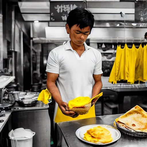 Image similar to a photograph of pikachu, with a towel over his neck, flipping roti prata at a hawker stall in singapore, nikkor 3 5 mm f / 4. 5, press photography - c 5 0