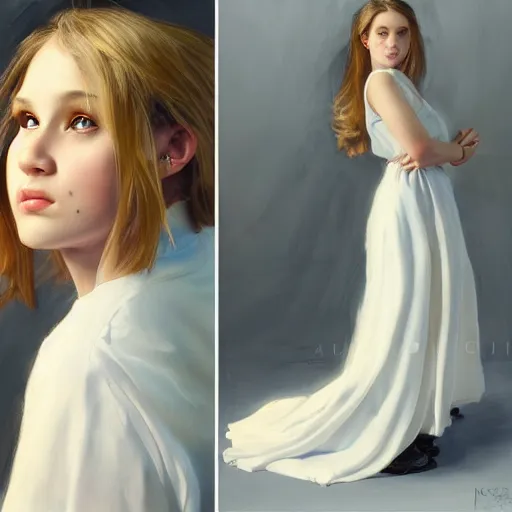 Image similar to A sincere-looking girl, oil on canvas, long white dress ,masterpiece, hi-fructose, artgerm , Norman rockwell, craig mullintrending on pxiv, highly detailed face, clear eyes concept art, hdri, 4k