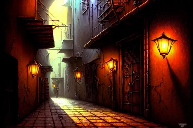 Image similar to a shadowy alleyway in the city of tyr from athas, amazing dark sun d & d art, by gerald brom, by wlop, intricate details, ultra realistic, beautiful, volumetric lighting, warm colors advance cool colors recede, cell shading, 8 k, by james gurney, by greg rutkowski, trending cgsociety, artstation