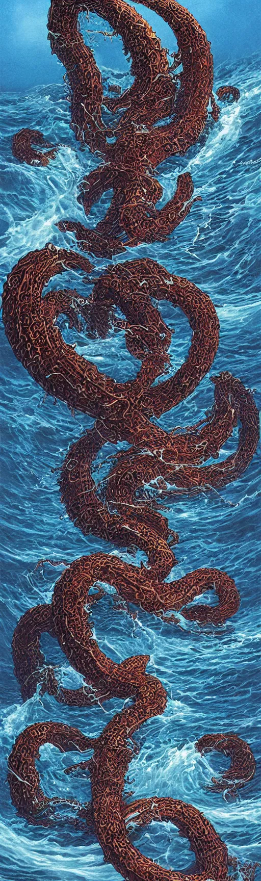 Image similar to Sea serpent, illustration by Michael Whelan, fantasy art, visionary art, acrylic painting, smooth blending