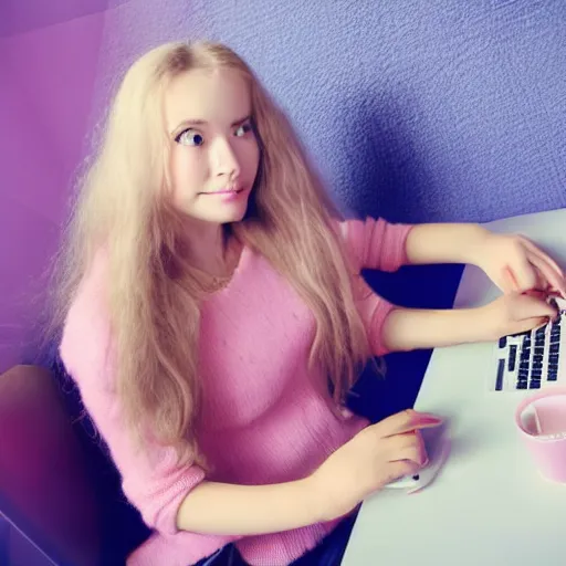 Prompt: russian girl with long blond hair sitting at a pink keyboard holding a cup of tea, beautiful, hyper realistic