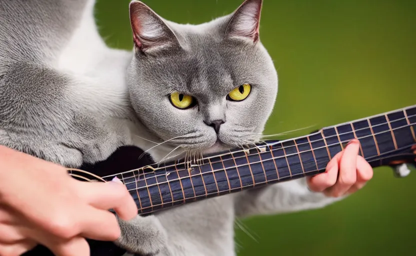 Prompt: british shorthair cat playing the guitar