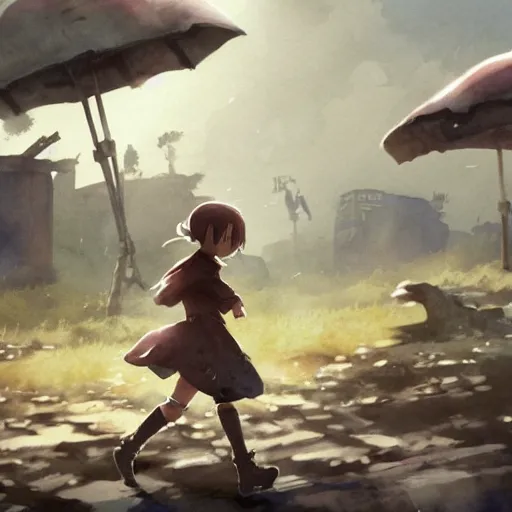 Image similar to incredible wide screenshot, ultrawide, simple watercolor, rough paper texture, made in abyss movie scene, backlit distant shot of girl in a parka running from a giant robot invasion side view, yellow parasol in deserted dusty shinjuku junk town, broken vending machines, bold graphic graffiti, old pawn shop, bright sun bleached ground, mud, fog, dust, windy, scary robot monster lurks in the background, ghost mask, teeth, animatronic, black smoke, pale beige sky, junk tv, texture, dusty, dry, pencil marks, genius party,shinjuku, koji morimoto, katsuya terada, masamune shirow, tatsuyuki tanaka hd, 4k, remaster, dynamic camera angle, deep 3 point perspective, fish eye, dynamic scene