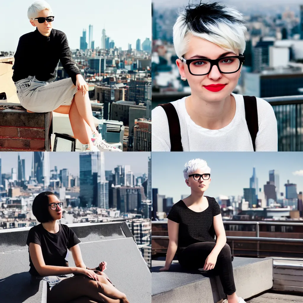 Prompt: young woman with short white hair. black horn rimmed glasses. apathetic expression. sitting on rooftop ledge, overlooking city skyline.