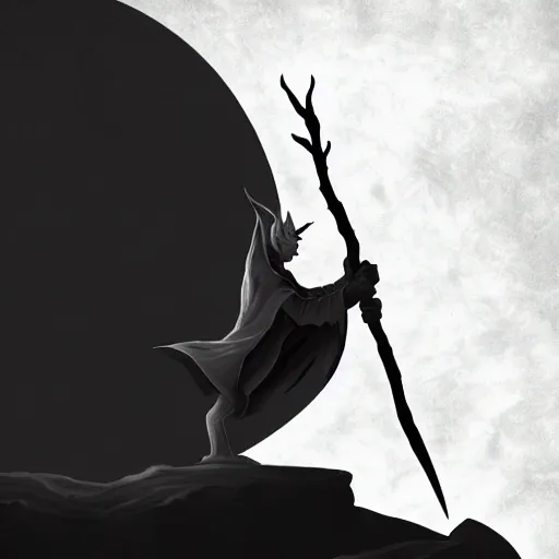 Image similar to gaunt bald pale white tiefling holding a staff made of gnarled wood, black raven sitting on staff, looming silhouette of undead god on horizon, three moons, illustration, sharp focus, highly detailed, digital painting