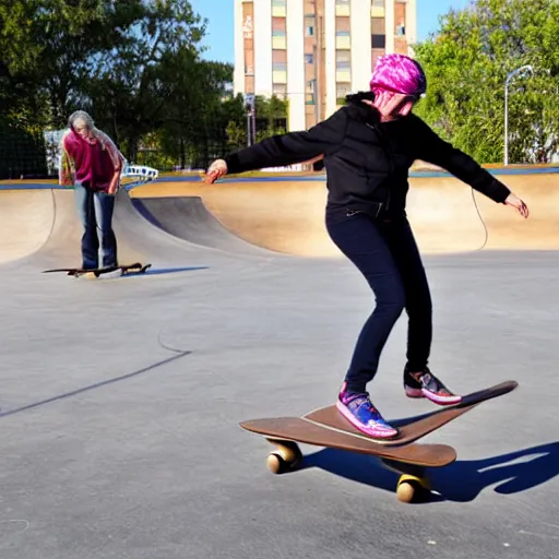 Image similar to my grandmother doing a kick-flip at the skatepark