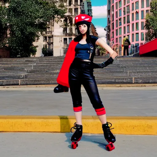 Prompt: Jet Set Radio, Teenage girl, French girl, black beret, black beret with a red star, black shirt with red star, black leather shorts, rollerblading, rollerskates, city on a hillside, colorful buildings, futuristic city